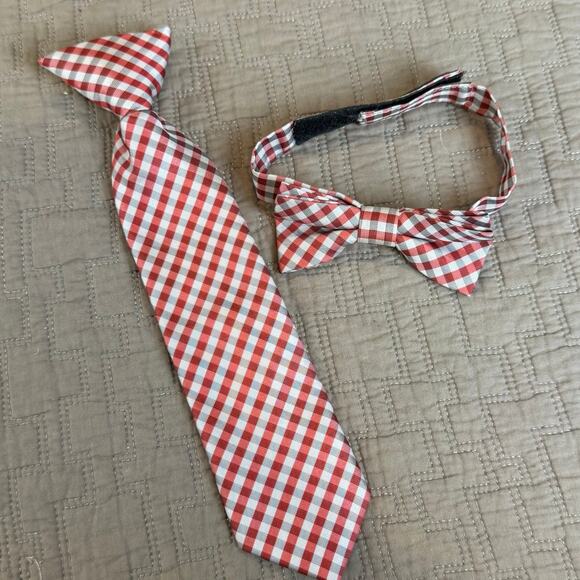 2 Red Plaid Gingham Check Clip on Tie Bow Tie Brothers Set Lot Satin Lil Mr Man - Picture 1 of 7